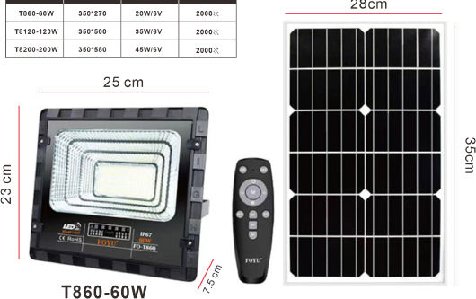 Foyu Στεγανός Ηλιακός Προβολέας LED 60W με Τηλεχειριστήριο IP67