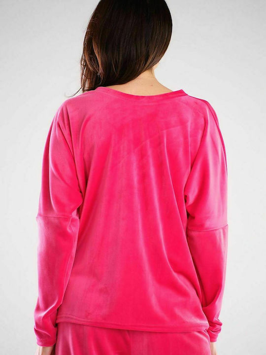 Awama Women's Blouse Velvet Long Sleeve with V Neckline Fuchsia