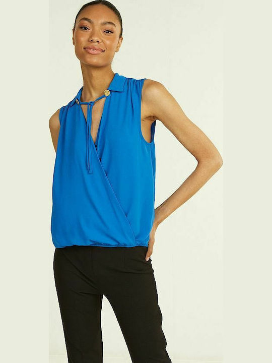 Women's Summer Blouse Sleeveless with V Neckline Blue