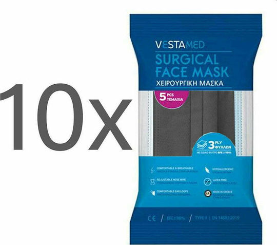 Vestamed Mască chirurgicală 3 straturi Type II EN 14683:2019 BFE >98% Mască de protecție De unică folosință Tipul II Chirurgical Gri 50buc