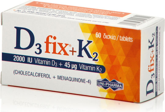 UNI-PHARMA D3 Fix + K2 Βιταμίνη για Ενίσχυση του Ανοσοποιητικού & την Υγεία των Οστών 2000iu 45mcg 60 ταμπλέτες