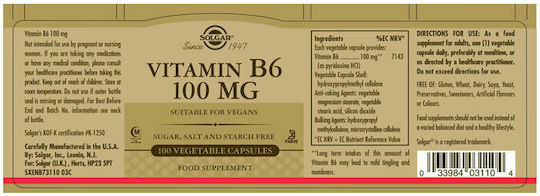 Solgar Vitamin B6 Vitamin für die Gesundheit des Nervensystems 100mg 100 veg. Kappen