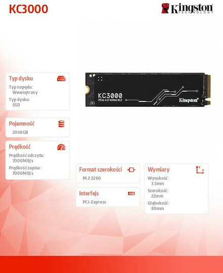 Kingston KC3000 SSD 2TB τύπου M.2 με σύνδεση PCI Express 4.0 (PS5 Compatible) SKC3000D/2048G