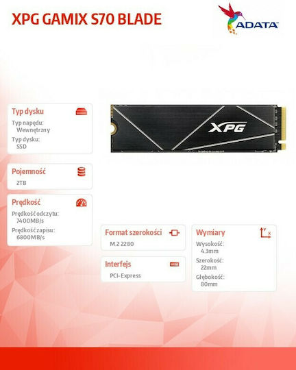 Adata XPG Gammix S70 Blade SSD 2TB M.2 Type with PCI Express 4.0 Connection and Heatsink PS5 Compatible AGAMMIXS70B-2T-CS