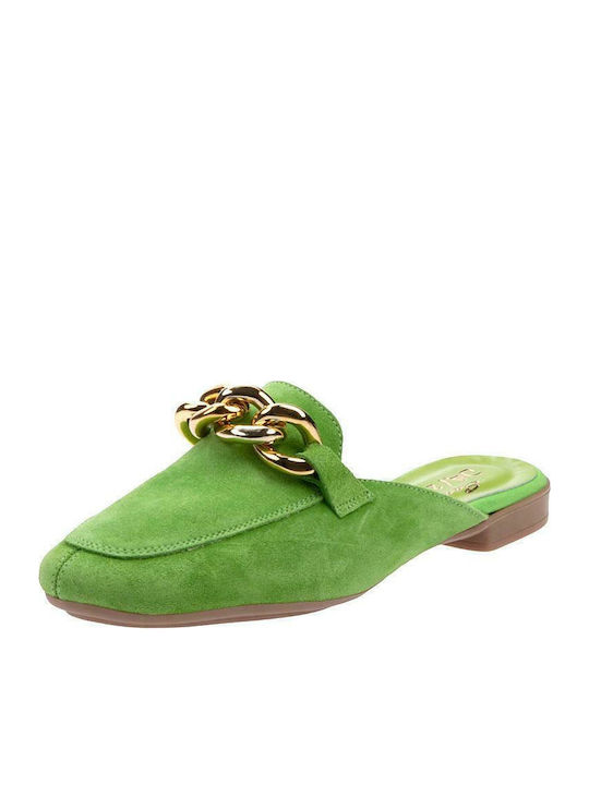 Flat Suede Mules in Green Color