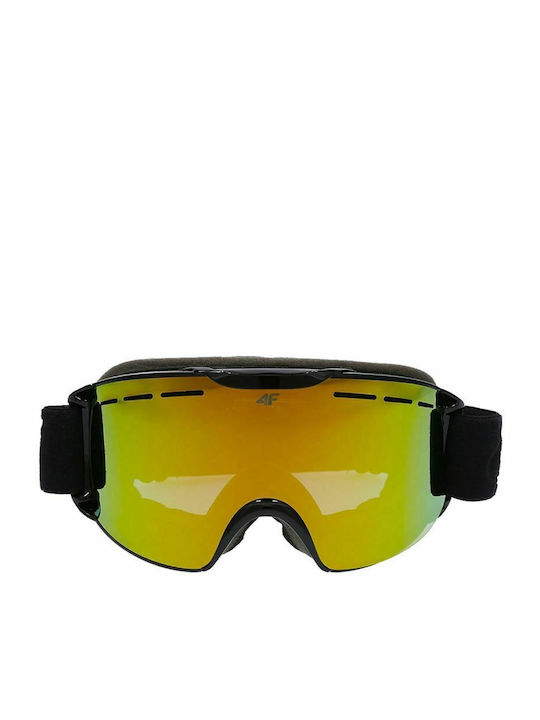 4F Μάσκα Σκι & Snowboard Ενηλίκων Μαύρη με Φακό Καθρέπτη σε Κίτρινο Χρώμα