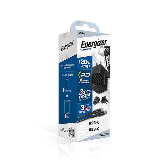 Energizer Φορτιστής GaN με Θύρα USB-C και Καλώδιο USB-C 20W Power Delivery Μαύρος (A20MUC)