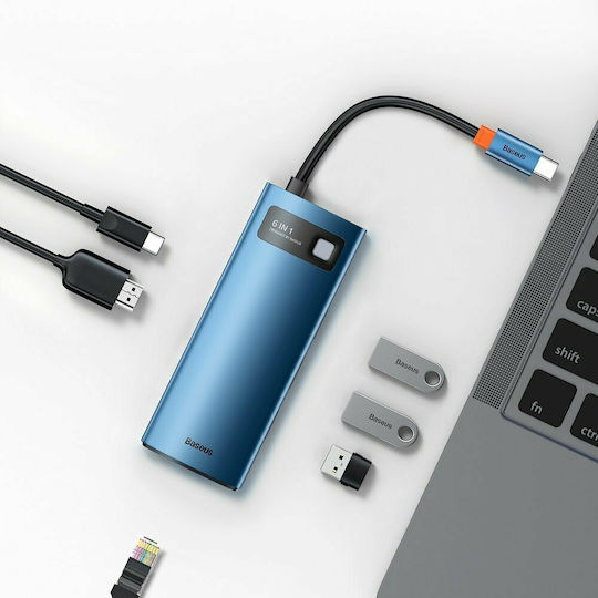 Baseus Metal Gleam Series 6in1 USB-C Docking Station with HDMI 4K PD Ethernet Blue
