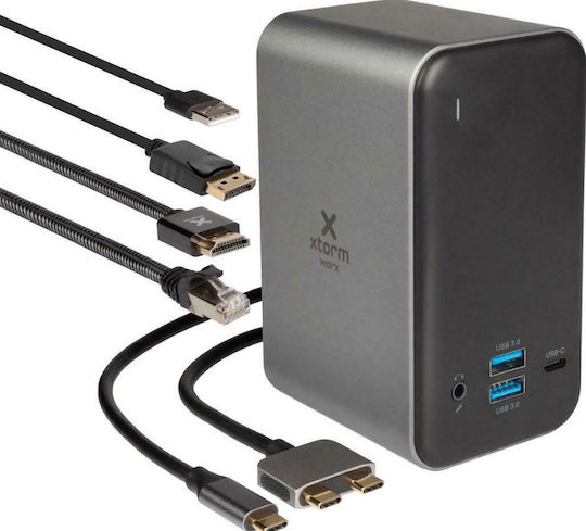 Xtorm MOB XWD001 Dockingstation für Laptops mit USB-C / Dual USB-C HDMI/DisplayPort 4K Ethernet und Verbindung 2 Monitore Grau