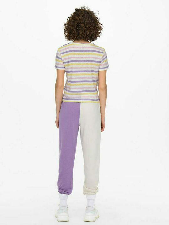 Only Damen Sommerliches Crop Top Baumwolle Kurzärmelig Gestreift Lilac/ Yellow