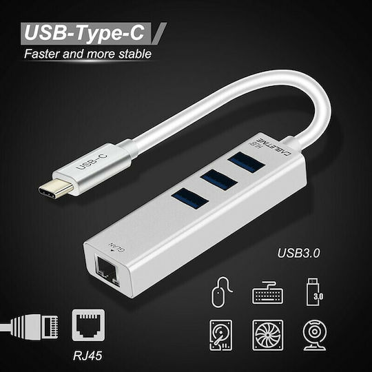 Cabletime C160 USB-Hub Mit 3 Anschlüssen USB 3.0 Mit USB-C Anschluss Ethernet Silber