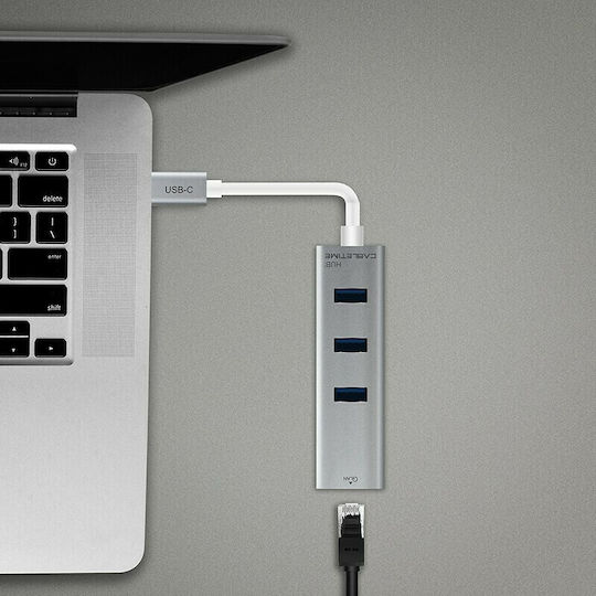 Cabletime C160 USB-Hub Mit 3 Anschlüssen USB 3.0 Mit USB-C Anschluss Ethernet Silber