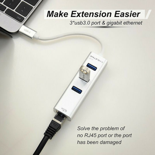 Cabletime C160 USB-Hub Mit 3 Anschlüssen USB 3.0 Mit USB-C Anschluss Ethernet Silber