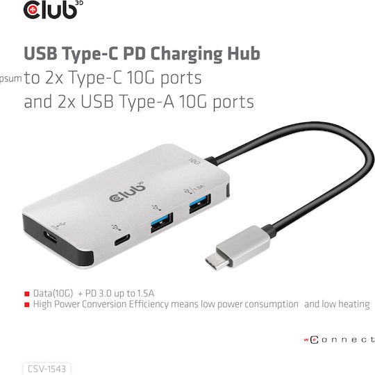 Club3D Hub 4 Θυρών USB 3.2 με σύνδεση USB-C Ασημί