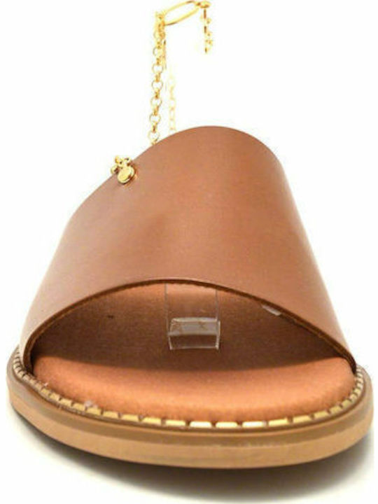 Leather Women's Flat Sandals Tabac Brown