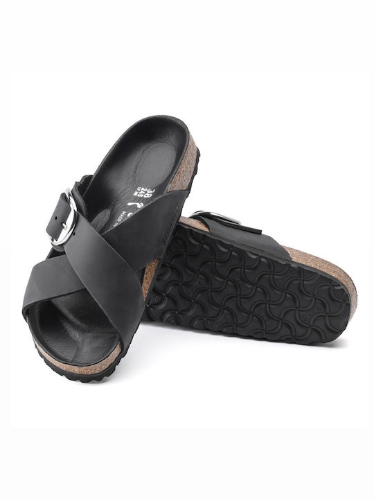 Siena Big Buckle Leather Women's Flat Sandals in Black Color Narrow Fit