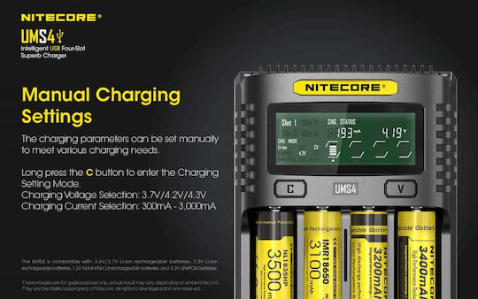 NiteCore UMS4 Charger 4 Batteries Li-ion Size 18650/16340/26650/14500