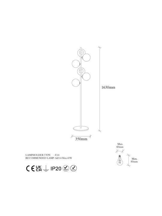 Fazli Vintage Floor Lamp H163xW35cm. with Socket for Bulb E14 Gold