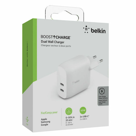Belkin Charger Without Cable with 2 USB-C Ports 20W Power Delivery Whites (Boost Charge WCB006VFWH)