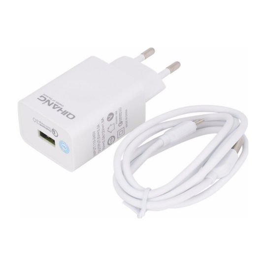 QIHANG Φορτιστής με Θύρα USB-A και Καλώδιο micro USB Quick Charge 3.0 Λευκός (Z06)