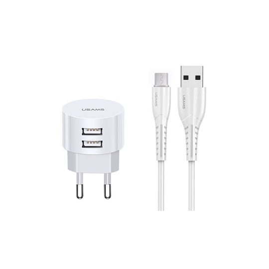 Usams Ladegerät mit 2 USB-A Anschlüsse und Kabel Micro-USB Weißs (T20)