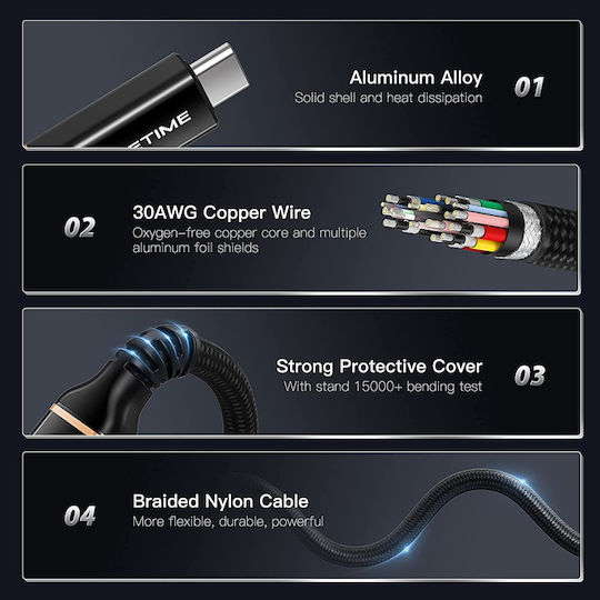 Cabletime CT-USB4 Braided USB 2.0 Cable USB-C Male - USB-C 100W PD Black 1m