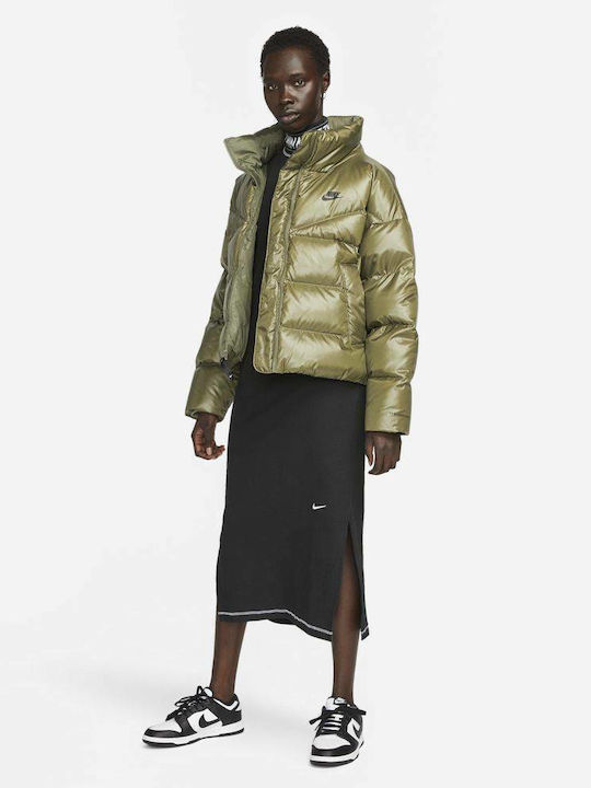 Sportswear Women's Short Puffer Jacket Waterproof for Winter Khaki