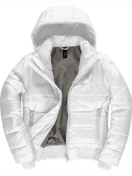 B&C Women's Short Puffer Jacket Waterproof and Windproof for Winter with Hood White/Warm Grey