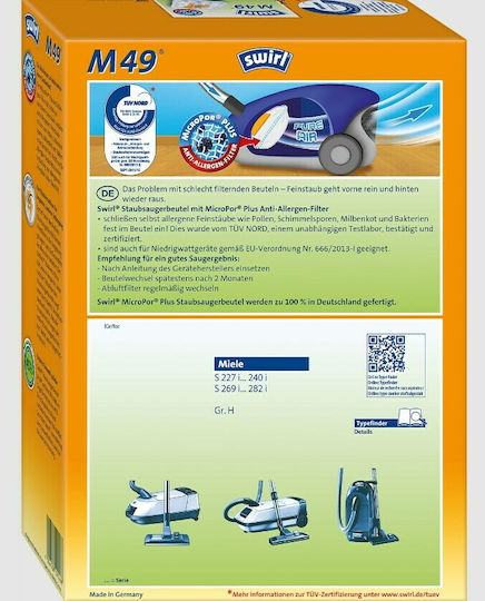 Swirl M49 Σακούλες Σκούπας 4τμχ Συμβατή με Σκούπα Miele