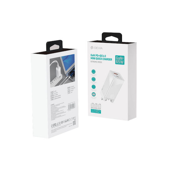 Devia Φορτιστής Χωρίς Καλώδιο GaN με Θύρα USB-A και Θύρα USB-C 65W Power Delivery / Quick Charge 4.0 Λευκός (Extreme Speed DVCH-350573)