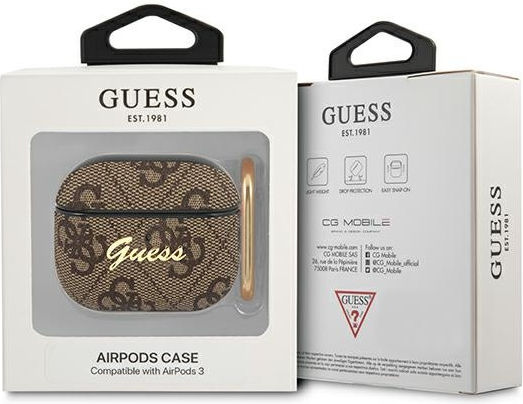 Guess Logo Case Synthetic Leather with Hook in Brown color for Apple AirPods 3
