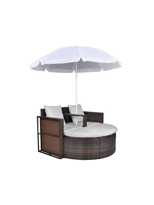 Deckchair Double Rattan with Cushion & Sunshade Brown 2pcs 130x58x77cm.