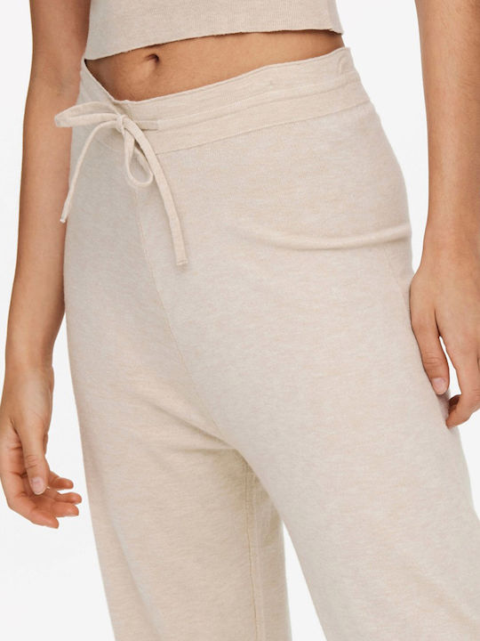 Women's High-waisted Fabric Trousers with Elastic Slim Fit Beige