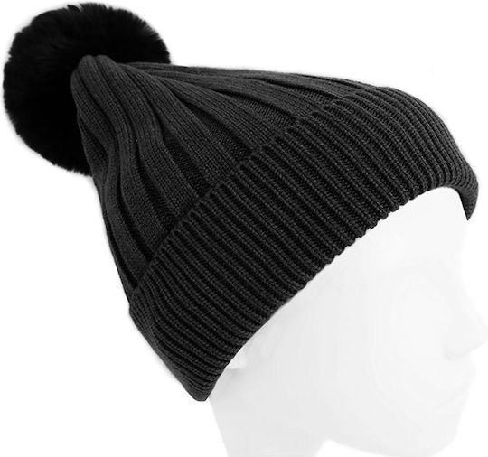 Pom Pom Beanie Frauen Beanie mit Rippstrick in Schwarz Farbe