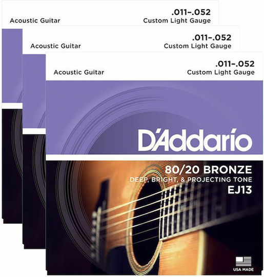 Daddario Set of Bronze Strings for Acoustic Guitar 80/20 Custom Light 3-Pack 11 - 52"