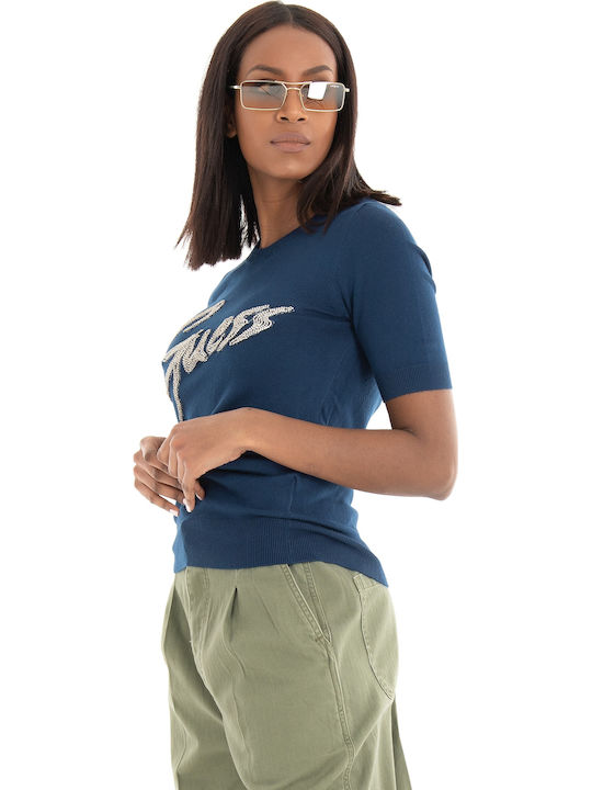 Odetta Damen Sommer Bluse Baumwolle Kurzärmelig Marineblau