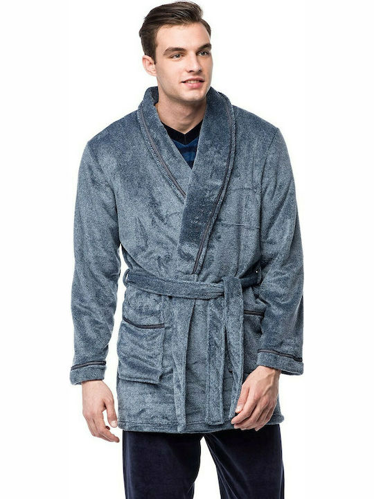 Vamp Χειμερινή Ανδρική Ρόμπα Fleece Μπλε
