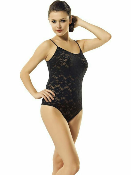 Lingerie Spaghetti Strap Bodysuit with Lace Slim Fit Black