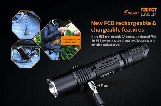 Fitorch Rechargeable Flashlight LED IPX8 with Maximum Brightness 1180lm P20RGT Black