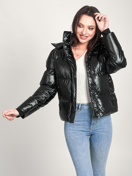 Kurz Damen Puffer Jacke für Winter Schwarz
