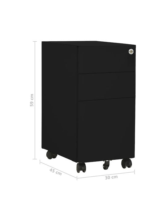 Office Storage Metal Drawer with Wheels, Lock & 3 Drawers Black Velvet-Black Metal L30xW45xH59cm