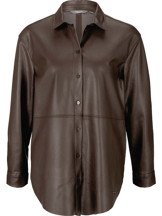 Women's Leather Monochrome Long Sleeve Shirt Brown