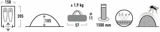 High Peak Monodome 2 Camping Tent Igloo Blue 3 Seasons For 2 People 205x150x105cm