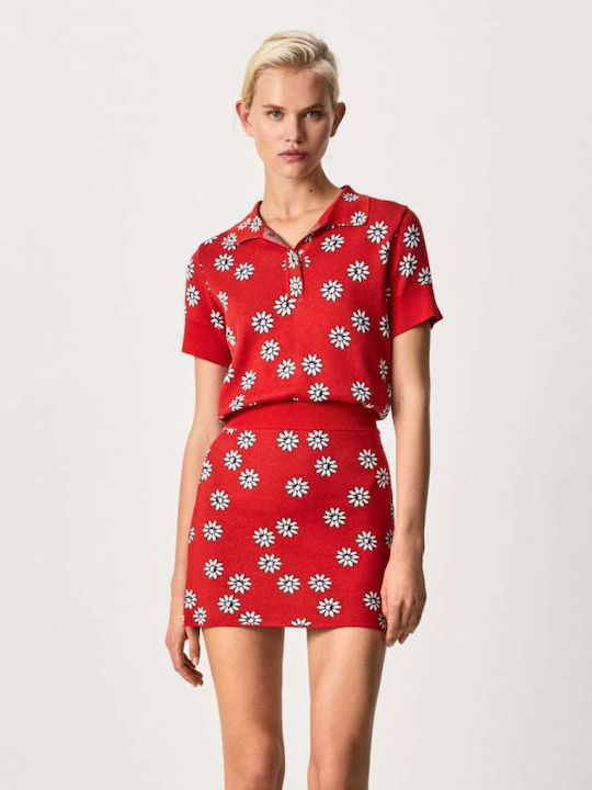 Priscilla Denim High-waisted Mini Skirt Floral Royal Red