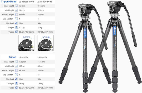 Leofoto Video Tripod LS-324CEX+BV-10 from Carbon Fiber and Load Capacity 10kg up to 153cm
