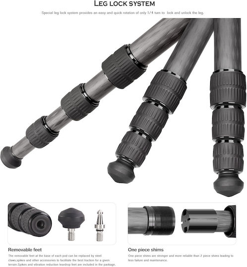 Leofoto Video Tripod LS-324CEX+BV-10 from Carbon Fiber and Load Capacity 10kg up to 153cm