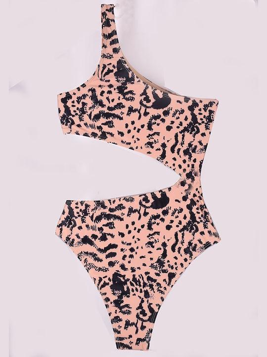 One-piece swimsuit monokini cat with openings Beige
