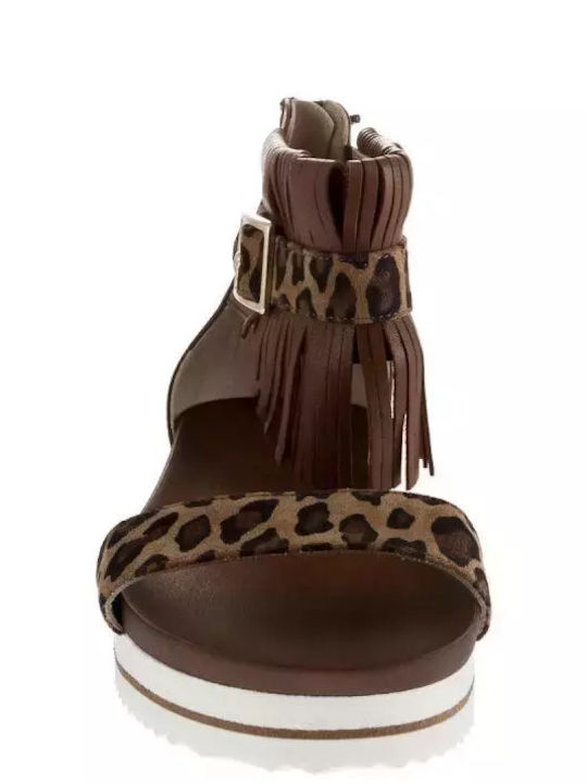 Leather Women's Flat Sandals with Strap Flatforms in Brown Color