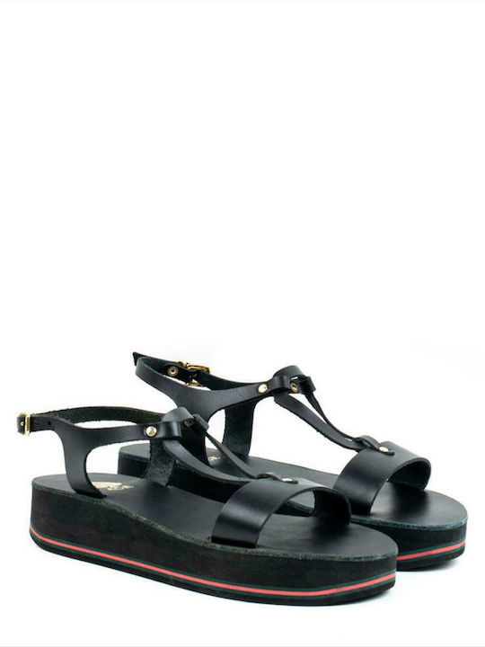 Mourtzi Leather Women's Flat Sandals with Strap Flatforms in Black Color