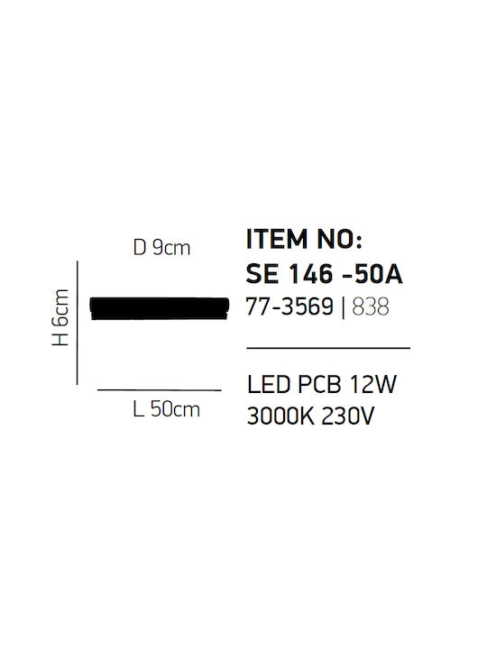 Home Lighting Modern Lamp Bathroom with Integrated LED and Warm White Light 50x9x6cm